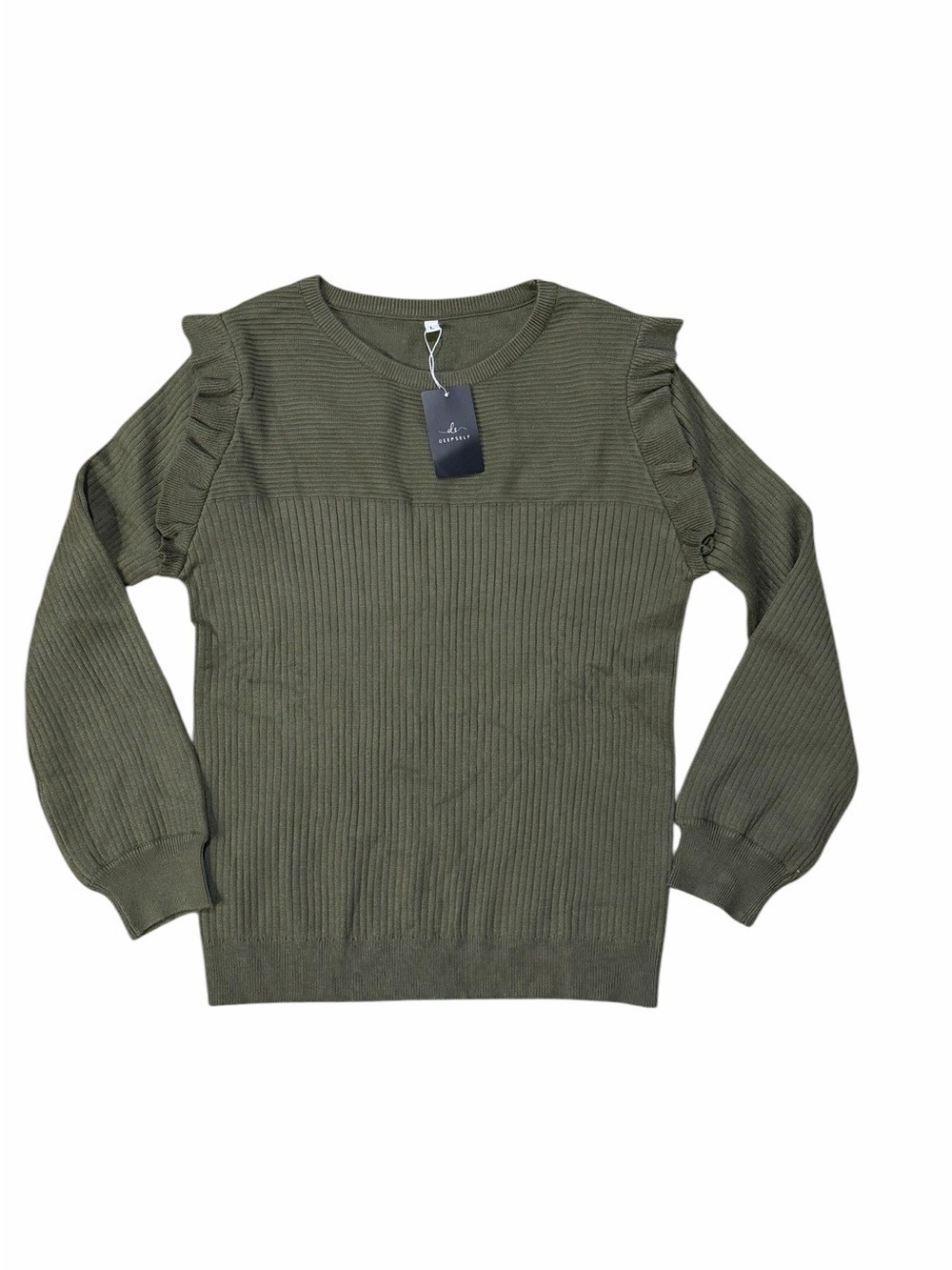 Deepself Olive Green Ruffle Shoulder Ribbed Knit Sweater Large - Picture 5 of 9